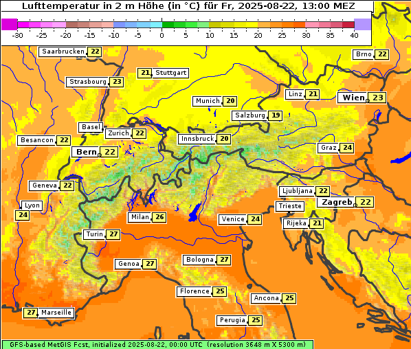 Temperatur, 22. 8. 2025