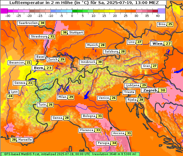 Temperatur, 19. 7. 2025