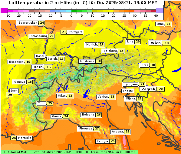 Temperatur, 21. 8. 2025