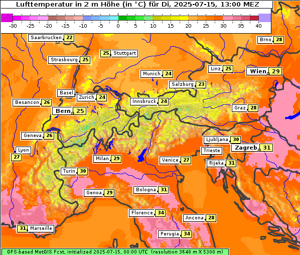 Temperatur, 15. 7. 2025