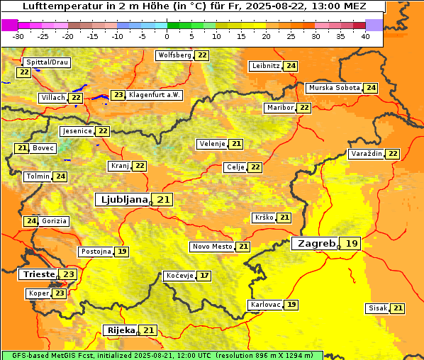Temperatur, 22. 8. 2025