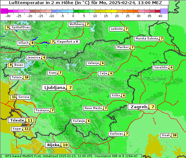 Temperatur, 24. 2. 2025