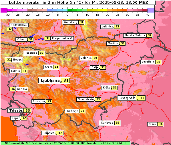 Temperatur, 13. 8. 2025
