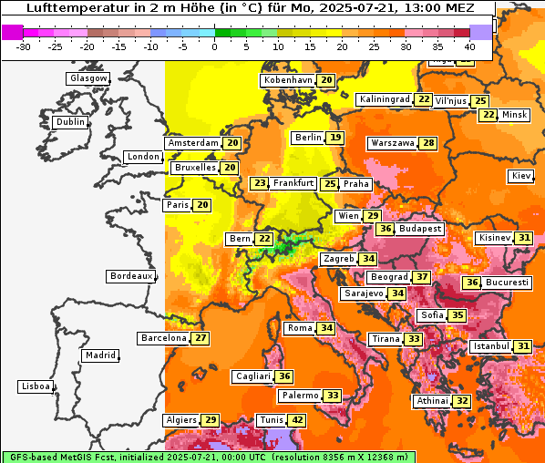 Temperatur, 21. 7. 2025