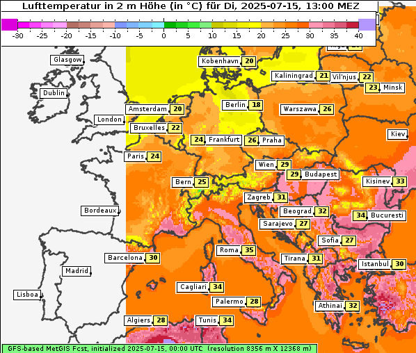 Temperatur, 15. 7. 2025