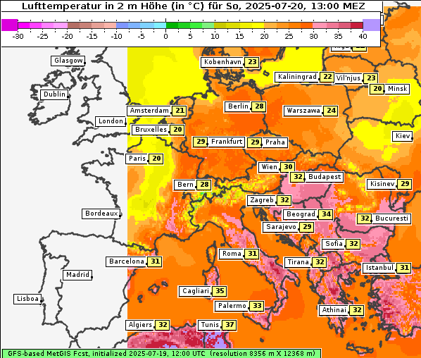 Temperatur, 20. 7. 2025