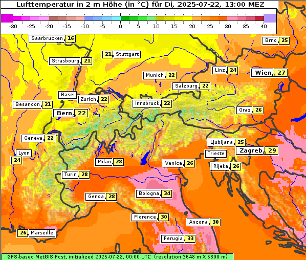 Temperatur, 22. 7. 2025