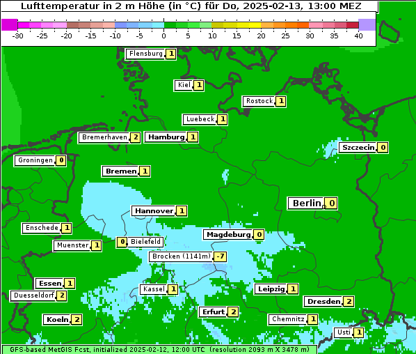 Temperatur, 13. 2. 2025