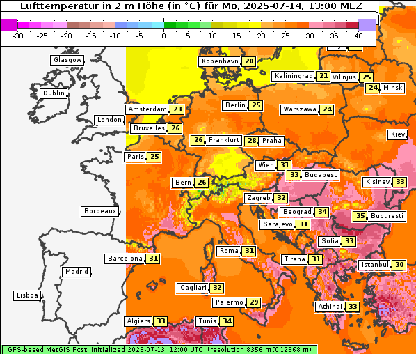 Temperatur, 14. 7. 2025