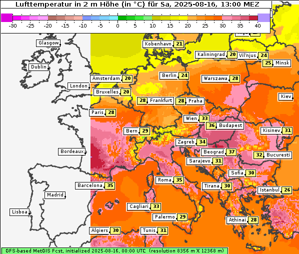 Temperatur, 16. 8. 2025