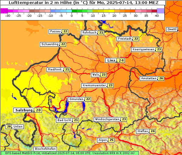 Temperatur, 14. 7. 2025
