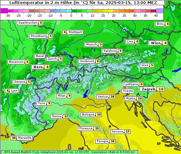 Temperatur, 15. 3. 2025