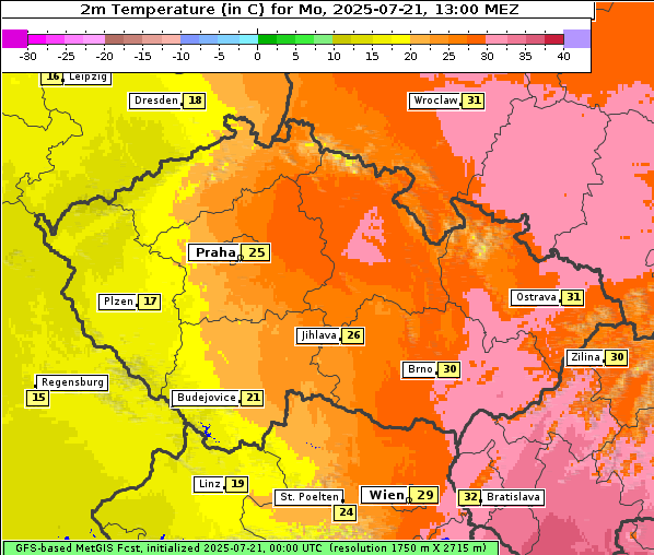Temperatur, 21. 7. 2025