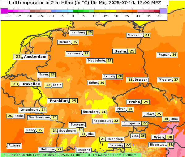 Temperatur, 14. 7. 2025