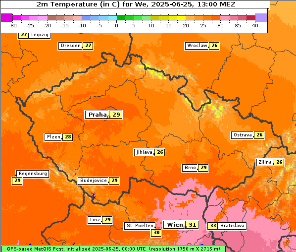 Temperatur, 25. 6. 2025
