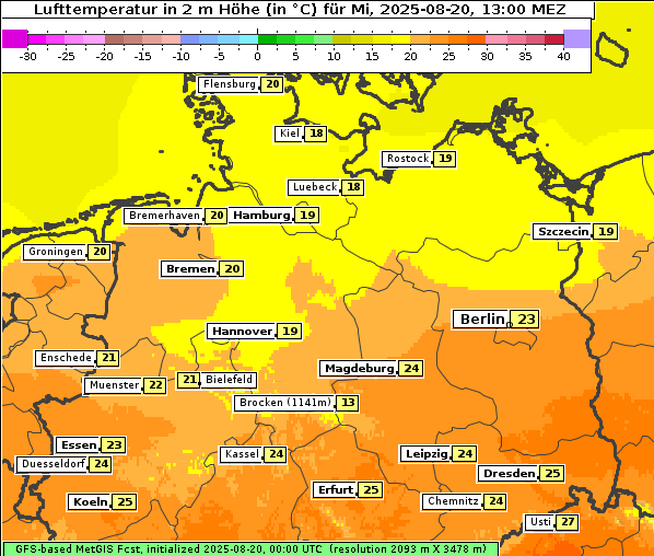 Temperatur, 20. 8. 2025