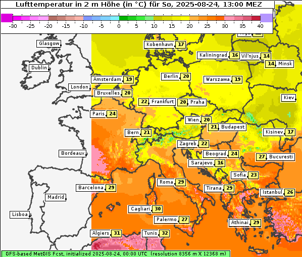 Temperatur, 24. 8. 2025