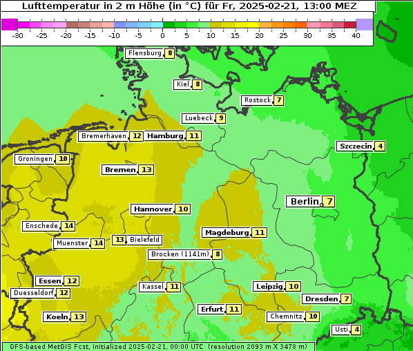 Temperatur, 21. 2. 2025