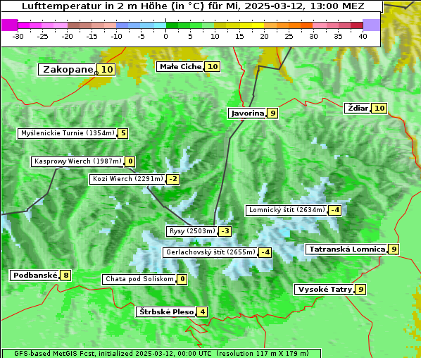 Temperatur, 12. 3. 2025