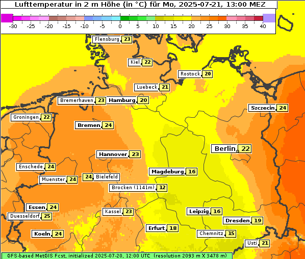Temperatur, 21. 7. 2025