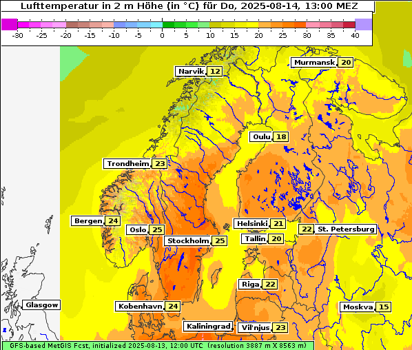 Temperatur, 14. 8. 2025