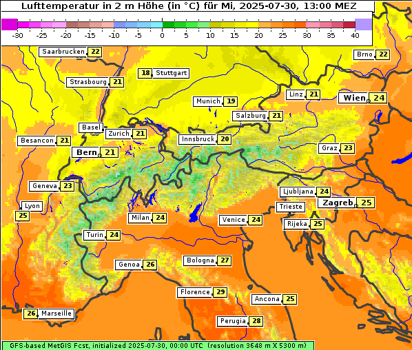Temperatur, 30. 7. 2025