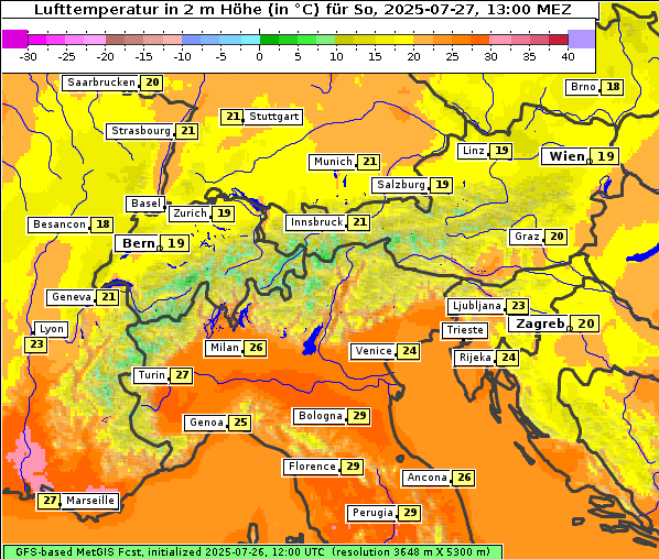Temperatur, 27. 7. 2025