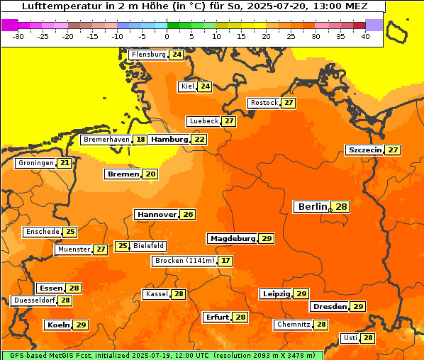 Temperatur, 20. 7. 2025