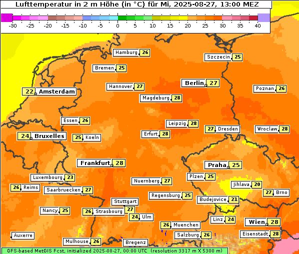 Temperatur, 27. 8. 2025