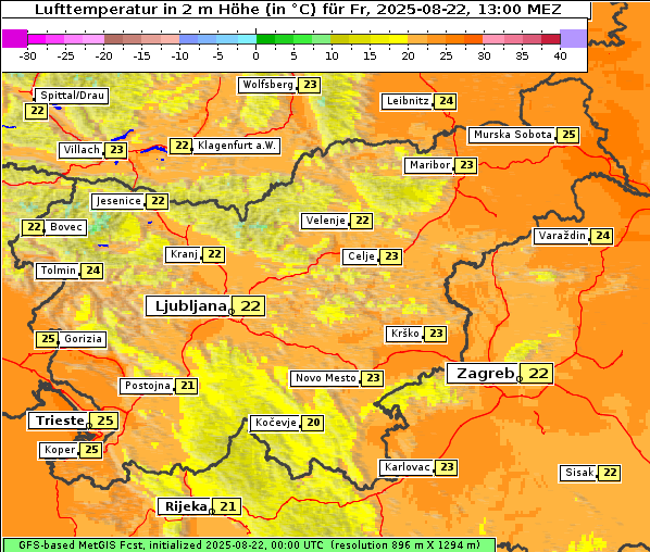 Temperatur, 22. 8. 2025