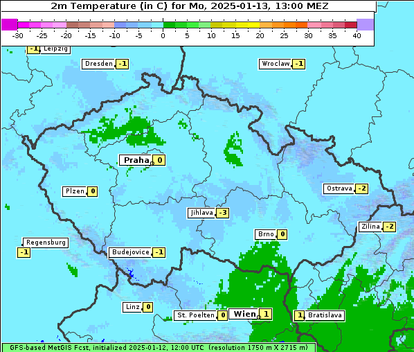 Temperatur, 13. 1. 2025