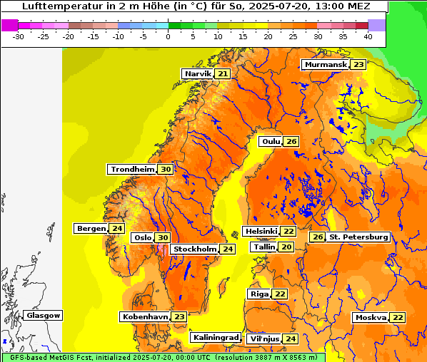 Temperatur, 20. 7. 2025