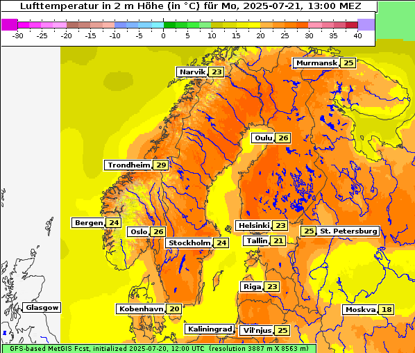 Temperatur, 21. 7. 2025