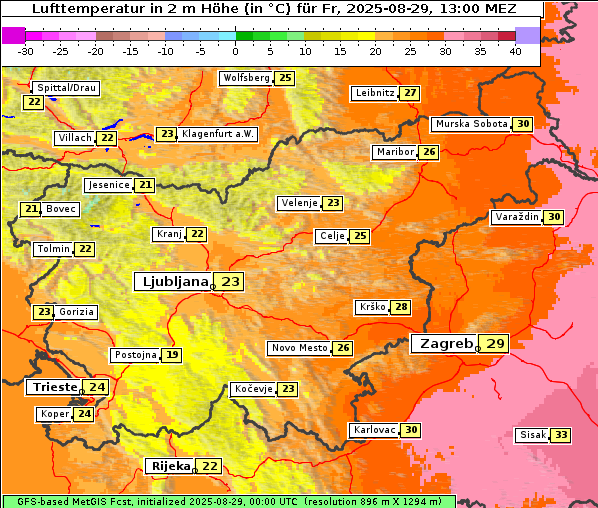 Temperatur, 29. 8. 2025