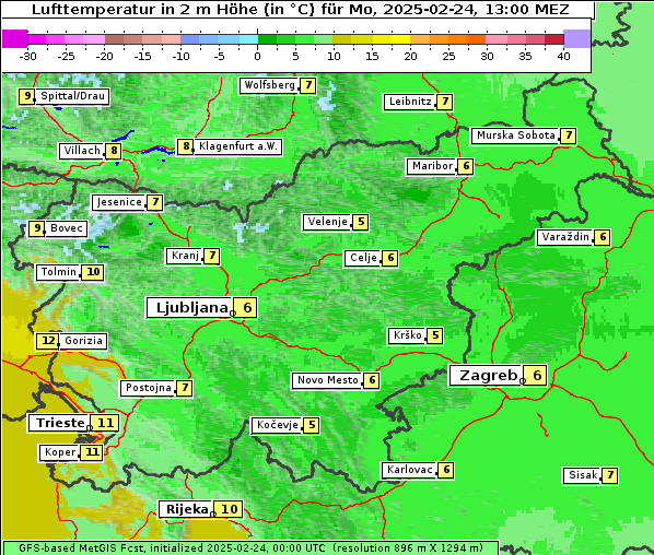 Temperatur, 24. 2. 2025