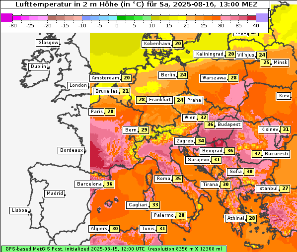 Temperatur, 16. 8. 2025