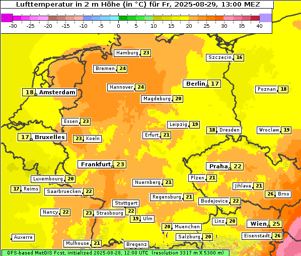 Temperatur, 29. 8. 2025