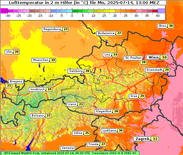 Temperatur, 14. 7. 2025