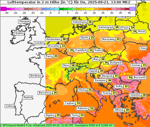 Temperatur, 21. 8. 2025