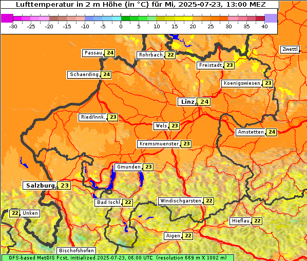 Temperatur, 23. 7. 2025