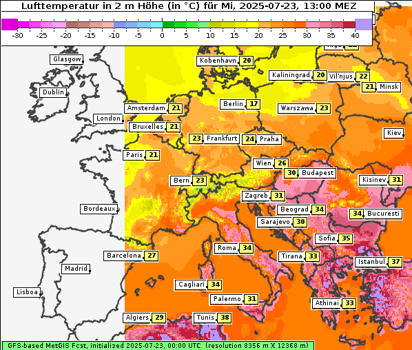 Temperatur, 23. 7. 2025