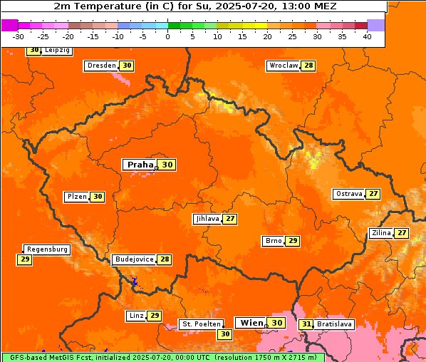 Temperatur, 20. 7. 2025