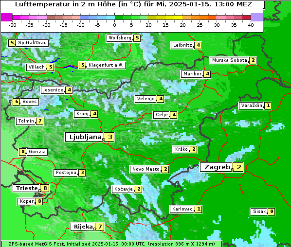 Temperatur, 15. 1. 2025