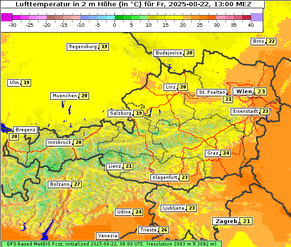 Temperatur, 22. 8. 2025