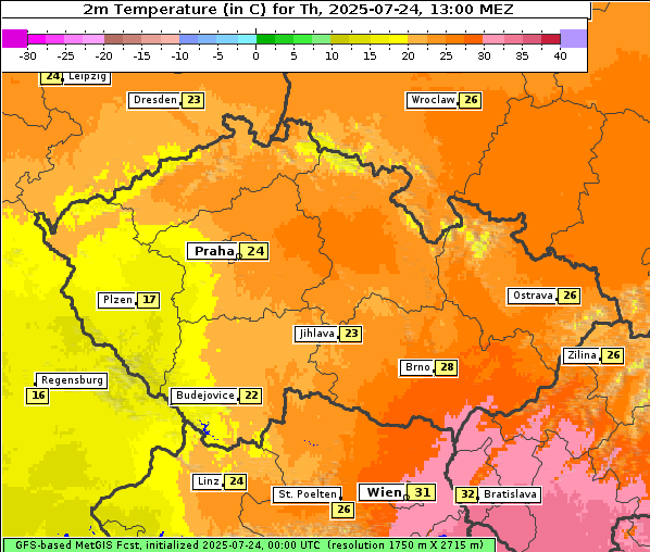 Temperatur, 24. 7. 2025