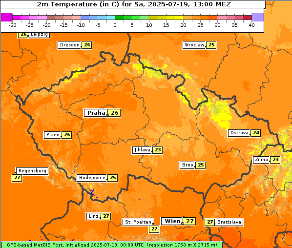 Temperatur, 19. 7. 2025
