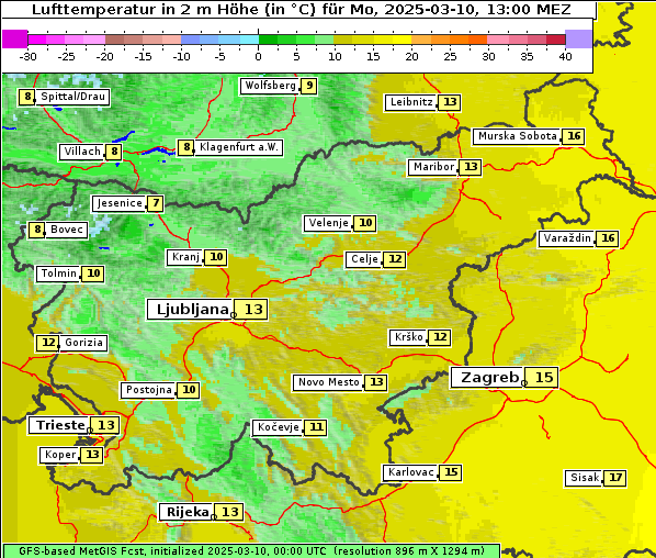 Temperatur, 10. 3. 2025