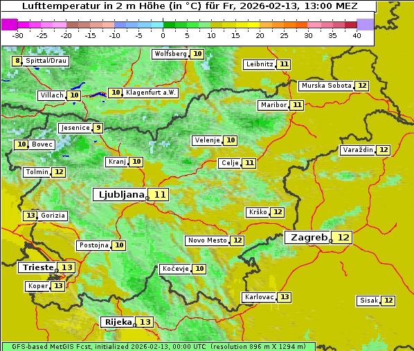 Temperatur, 13. 2. 2026