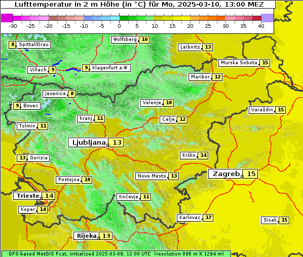 Temperatur, 10. 3. 2025