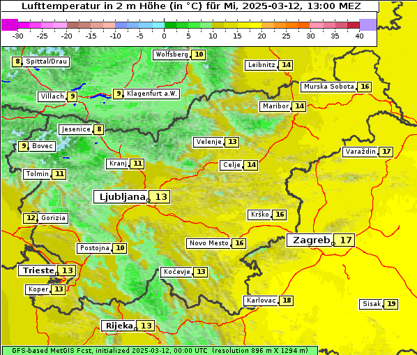 Temperatur, 12. 3. 2025